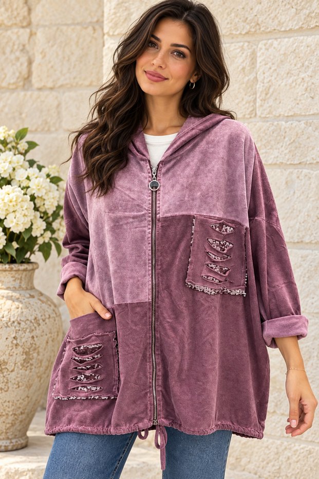 Women's Italian Suede Plus-Size Sequin-Embellished Hooded Zipper Jacket, Sizes 46–54