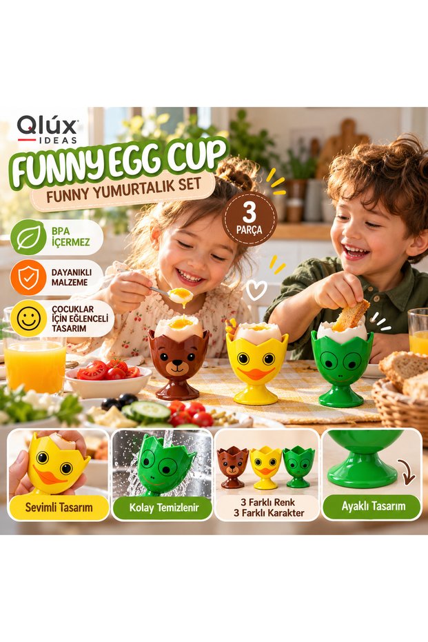 Funny Egg Cup 3-Piece Set – Animal-Shaped, Colorful Kids' Egg Cup Set