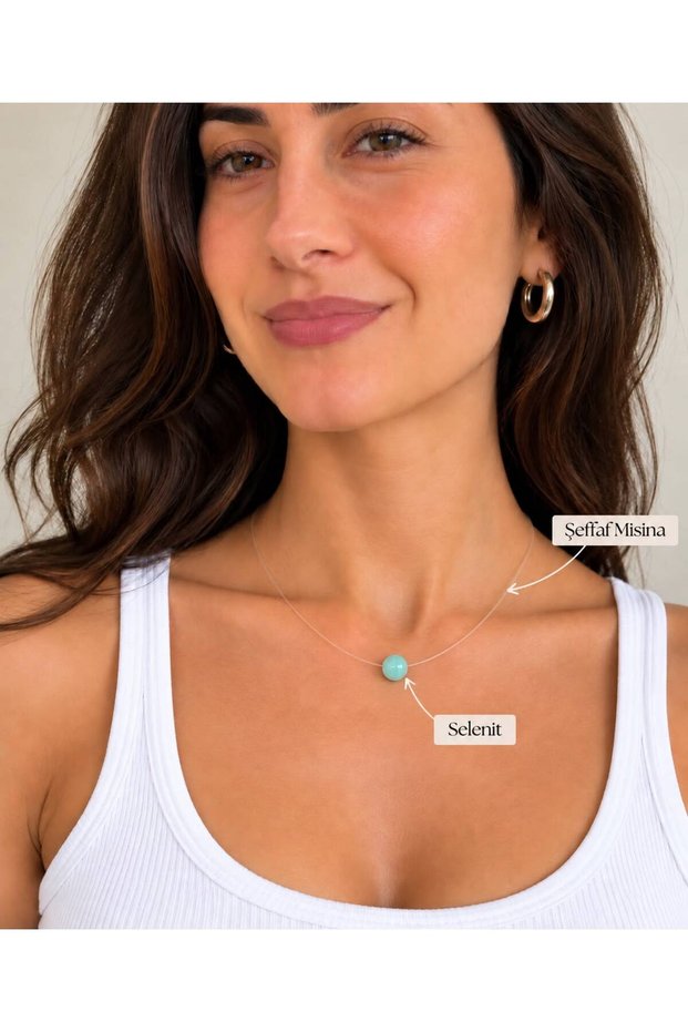 Handmade Women's Necklace with Natural Green Stones: Minimalist, Transparent Cord, Elegant Necklace