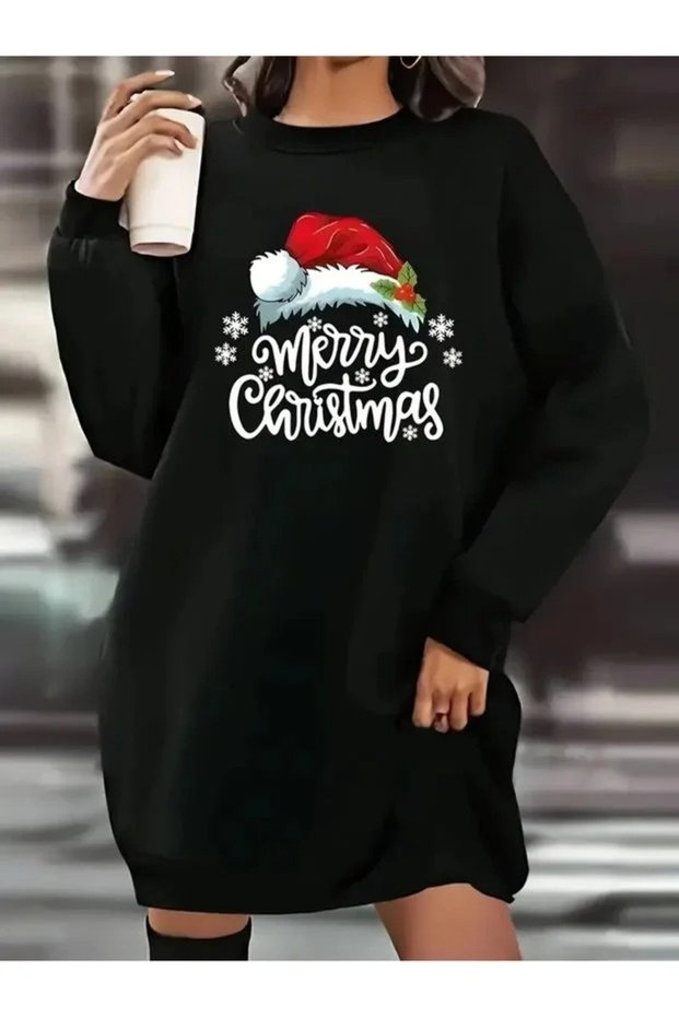 Black Long-Sleeved, 90 cm Printed Oversized Tunic with Brushed Inside