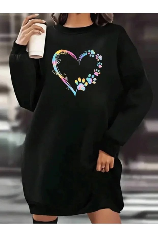 Black Long-Sleeved, 90 cm Printed Oversized Tunic with Brushed Inside