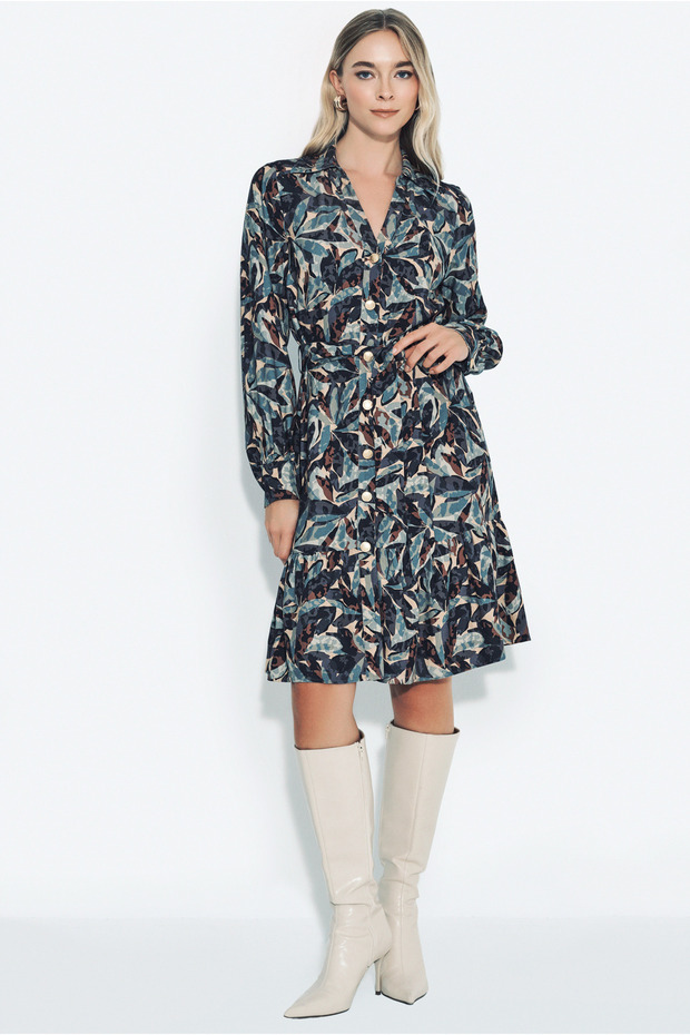 Leaf-Patterned Shirt Dress