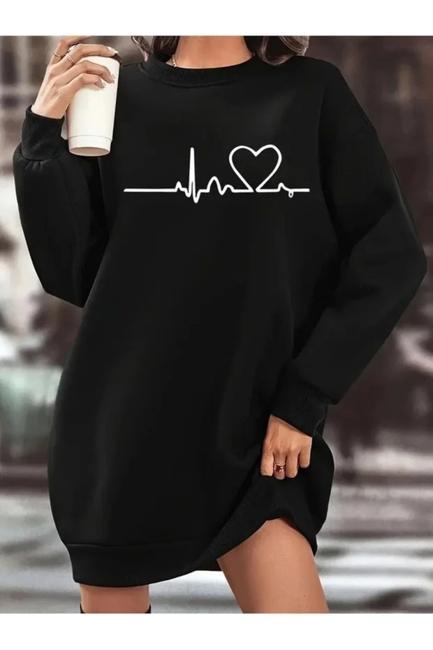 Black Long-Sleeved, 90 cm Printed Oversized Tunic with Brushed Inside