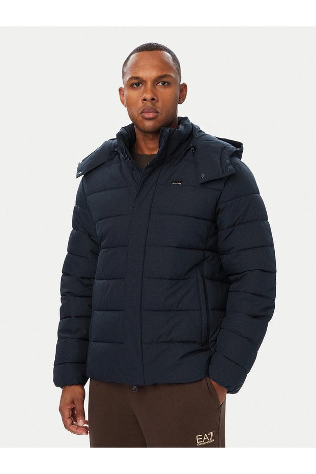 Men's Winter Padded Long-Sleeve Zipper Hooded Navy Blue Coat