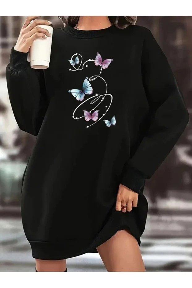 Black Long-Sleeved, 90 cm Printed Oversized Tunic with Brushed Inside