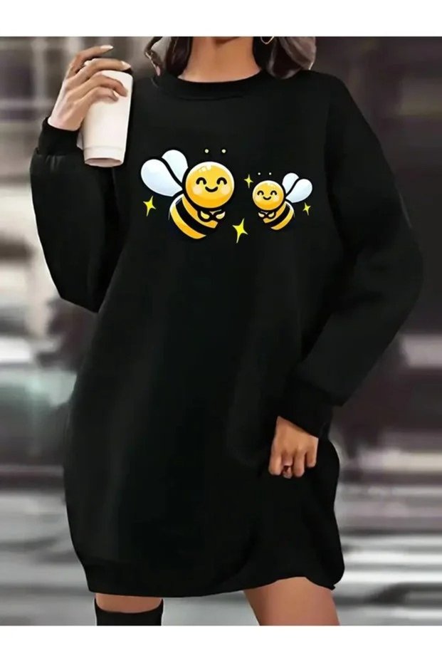 Black Long-Sleeved, 90 cm Printed Oversized Tunic with Brushed Inside