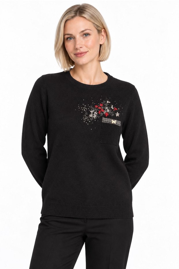 Women's Crew-Neck Wool Sweater embellished with stones on the chest, Black