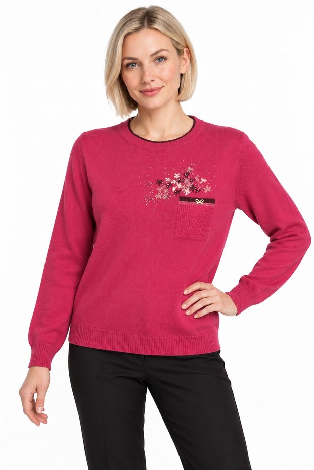 Women's Crew-Neck Wool Sweater embellished with stones on the chest, Cyclamen