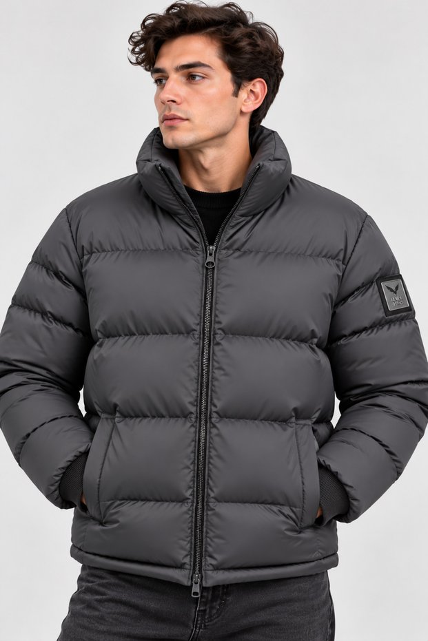 Men's Stand Collar Winter Puffer Jacket, Lined Zipper Pocket Coat