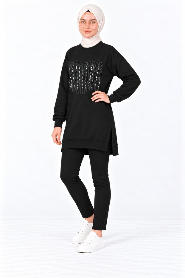Women's Black Long Sweatshirt with Stone Embellishments, Modest Tunic