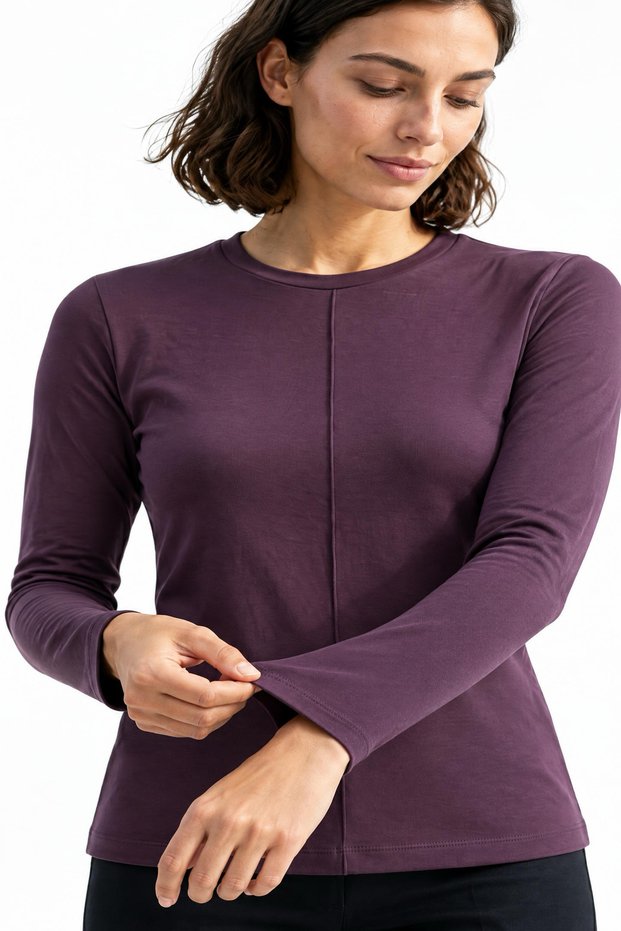 Women's Long-Sleeved Basic Blouse with Front Seam Detail and Boat Neck