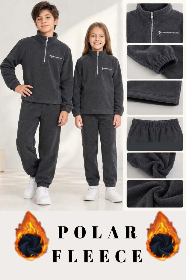 Dark Gray Kids' Fleece Set, Winter Sweatsuit Set, Fleece Top and Bottom Set, Fleece Set for Teens, Ages 7–16