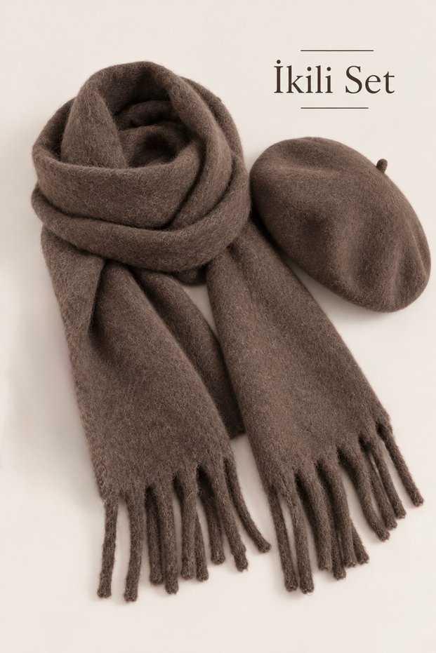 Puffy Lightweight Taupe Color Mink Scarf - French Artist Felt Mocha Two-Piece Set