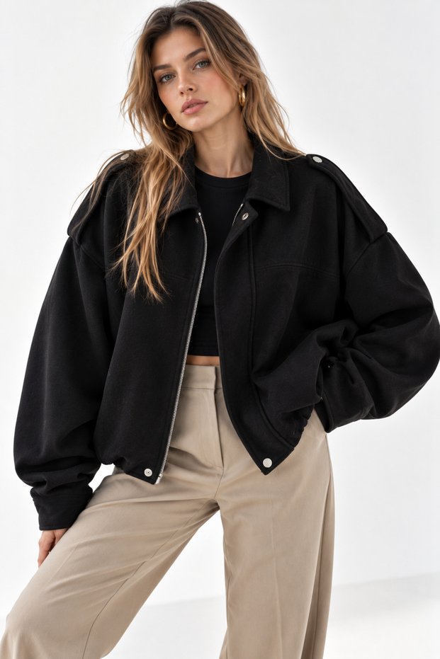 Women's Black Suede-Lined Oversized Bomber Jacket