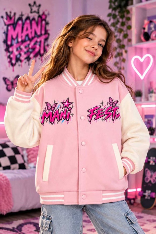 Pink 3 thread thick, patterned, snap-buttoned college jacket cardigan with a brushed interior, 100% cotton.