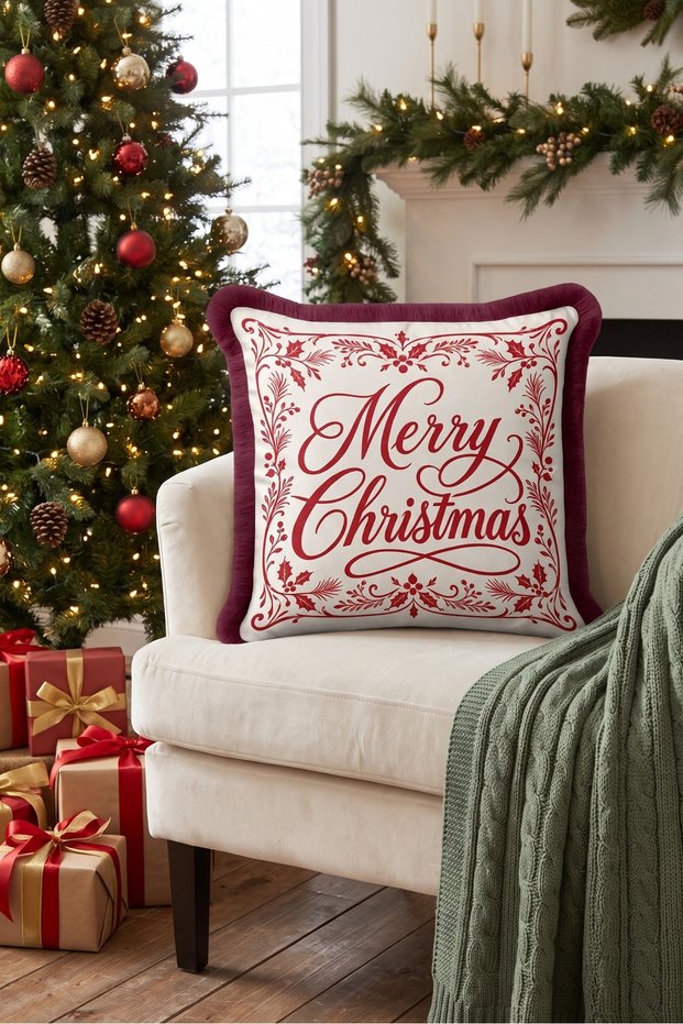Merry Christmas and New Year's Patterned Tasseled Cushion Cover—New Year's Decor Burgundy Tasseled Pillowcase