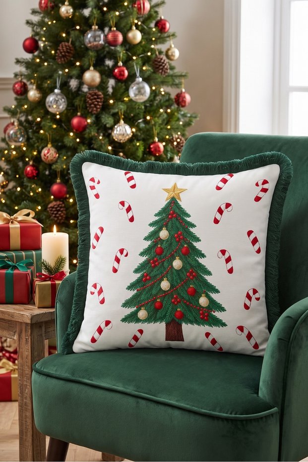 White Pine Tree Christmas-Themed Tasseled Cushion Cover—New Year's Decor Green Fringed Pillowcase