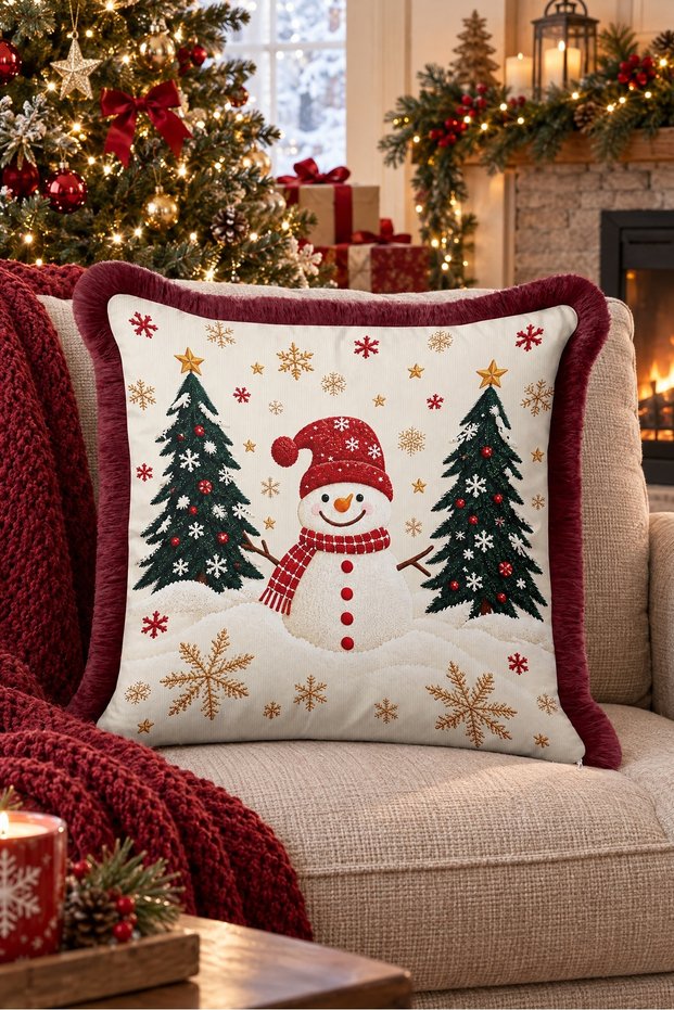 Cream Snowman New Year's Patterned Tasseled Cushion Cover—New Year's Decor Burgundy Fringed Pillowcase