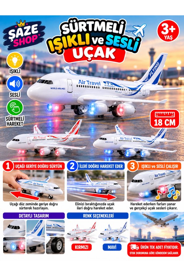 18 cm Light-Up, Sound-Activated, Sliding Passenger Airplane Toy – Realistic Moving Model Airplane with Realistic Aircraft Sounds, Red and Blue, Ages 3+