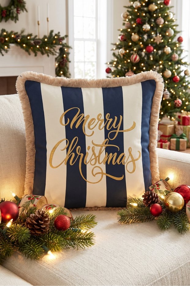 Merry Christmas Blue New Year's Patterned Tasseled Cushion Cover - New Year's Fringed Pillowcase