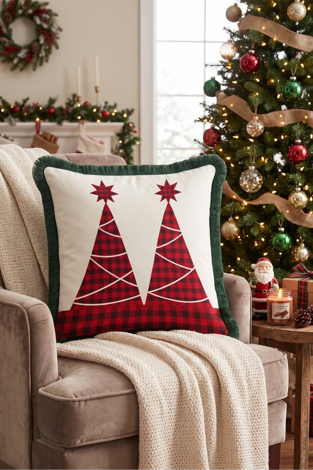 Red Pine New Year's Patterned Tasseled Cushion Cover - Plaid New Year's Green Fringed Pillowcase