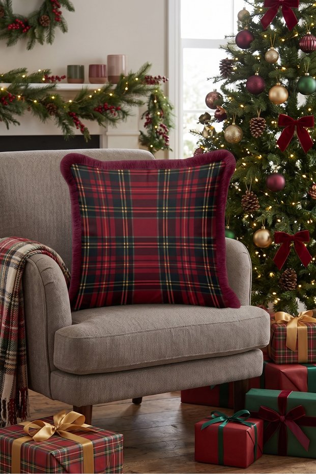 Red Plaid New Year's Patterned Cushion Cover with Tassels - Retro New Year's Fringed Pillowcase with Tassels