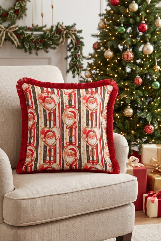 Cream-Colored Santa Claus New Year's Ornament Tasseled Cushion Cover—New Year's Decoration Fringed Pillowcase