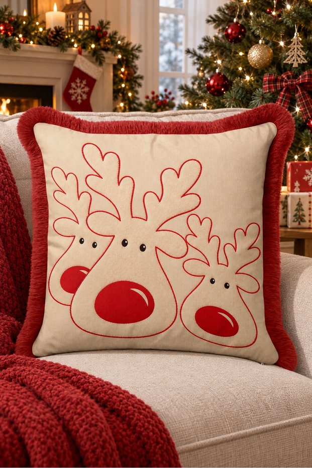 Cream-Colored Deer New Year's Decoration Tasseled Cushion Cover - New Year's Gift Fringed Pillowcase