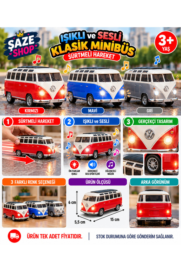 15 cm Classic Toy Minibus with Lights, Sounds, and Push-Back Mechanism – Nostalgic Model Vehicle with Retro Design, Moving Toy Bus, Ages 3+