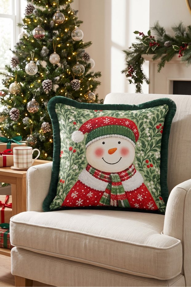 Red Snowman New Year's Patterned Tasseled Cushion Cover - New Year's Green Fringed Pillowcase