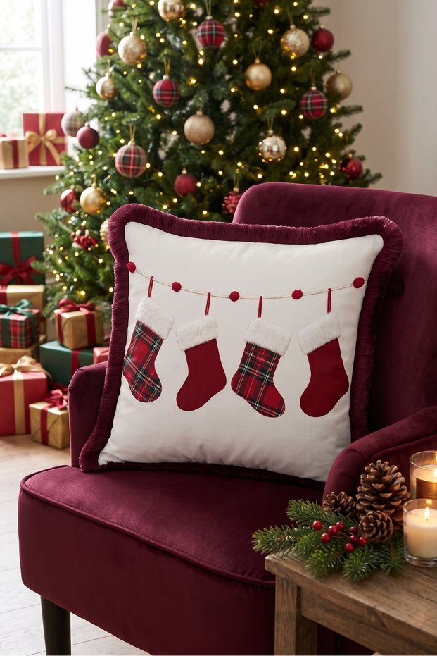 Red Socks New Year's Patterned Tasseled Cushion Cover - Plaid New Year's Burgundy Fringed Pillowcase