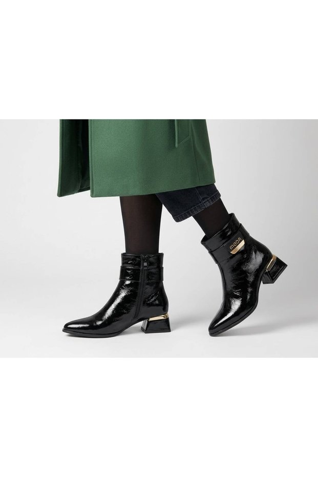 Women's Stylish Zip-Up Boots with a Pointed Toe, Thick Heel, and Shiny Pattern