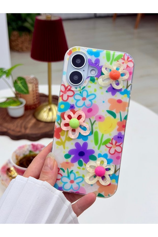 iPhone 16-Compatible Flexible Silicone Case with 3D Beaded Flower Design and Toy