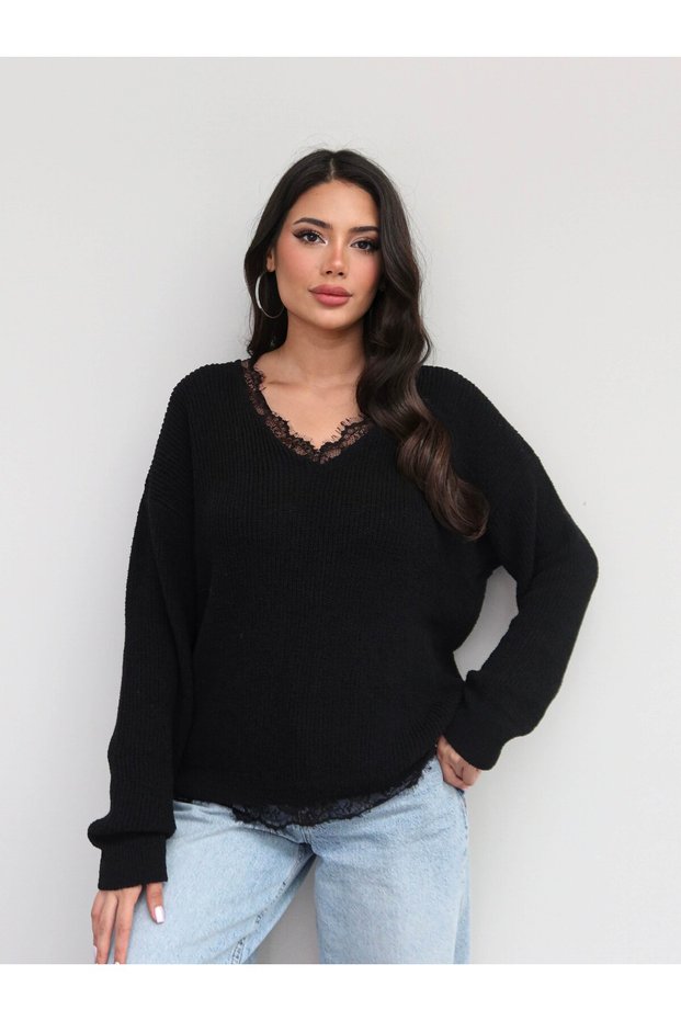 Lace Detailed V-Neck Knitwear Sweater