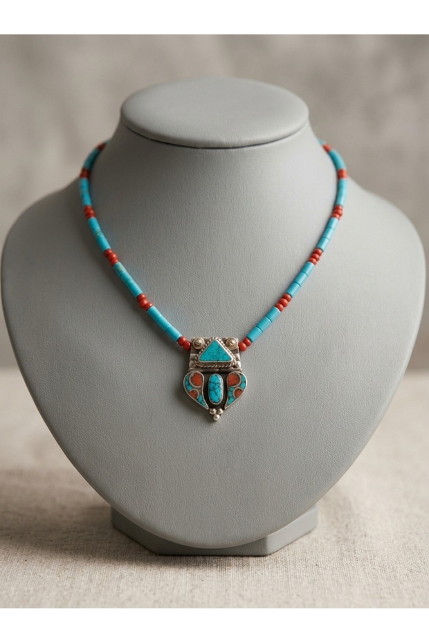 Handmade Necklace with Natural Turquoise Stones and a Nepalese Tip—Special Design