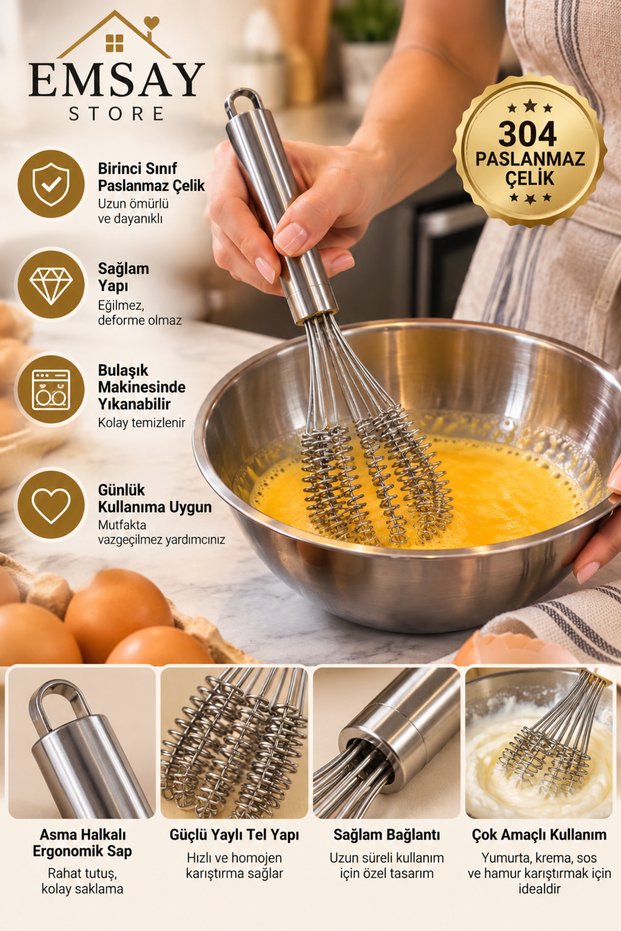 Stainless Steel Spring-Loaded Kitchen Whisk – Egg, Cream, and Sauce Mixer with Ergonomic Strappy Handle