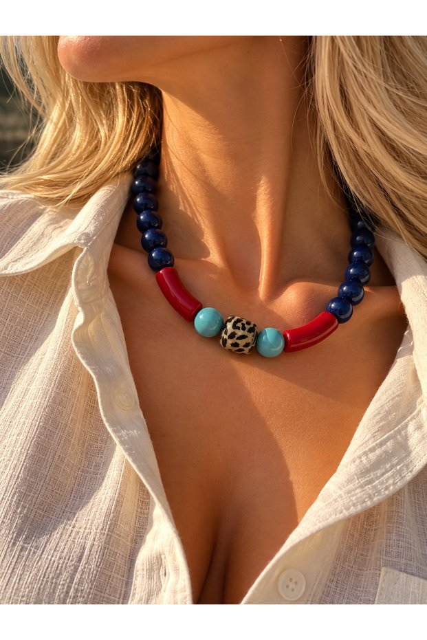 Navy Leopard-Print Hola Necklace with Medium Stone