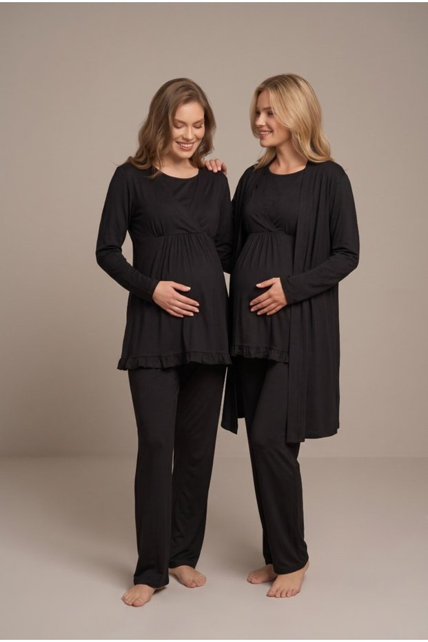 Women's Black Double-Breasted Wrap Neckline Long-Sleeve Nursing-Friendly Robe-Style Postpartum and Maternity Pajama Set