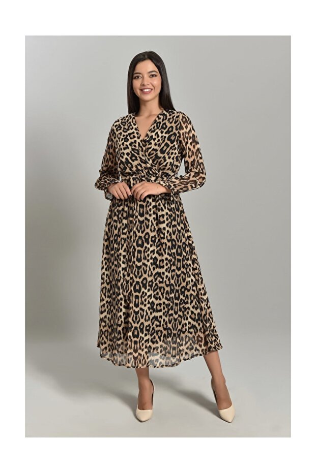 Women's Double Breasted Collar Leopard Print Chiffon Plus Size Dress