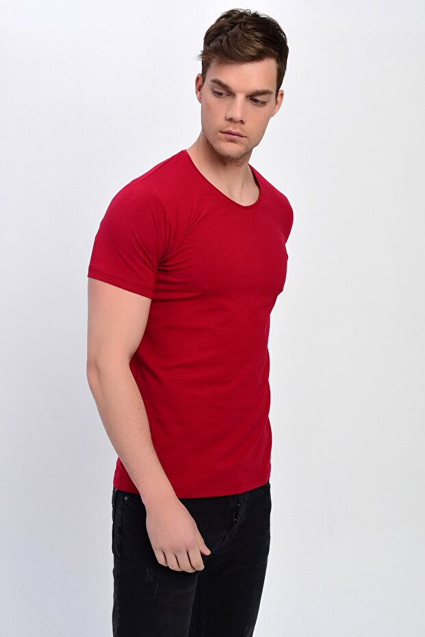 Ανδρικό μπλουζάκι Claret Red Plus Size V-Neck Lycra Basic - 4