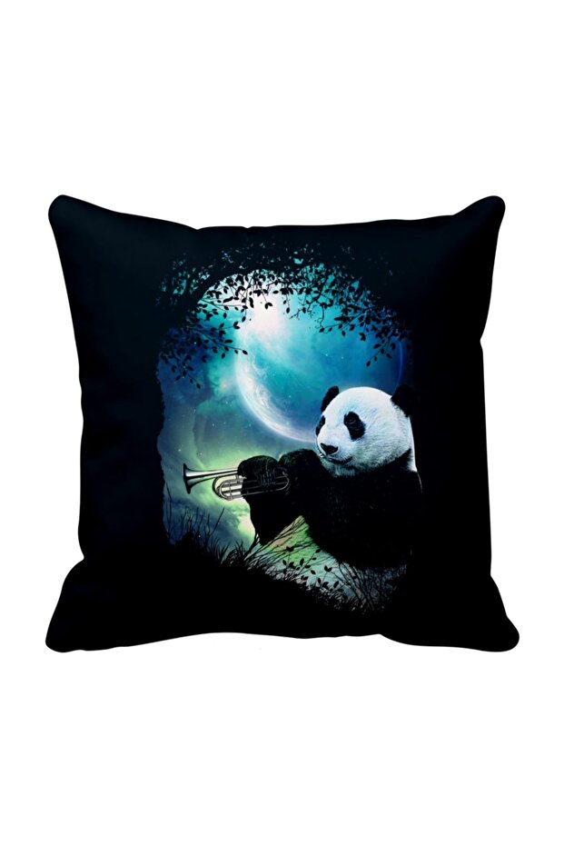 Panda Playing Trumpet Moon Tree Satin Pillow