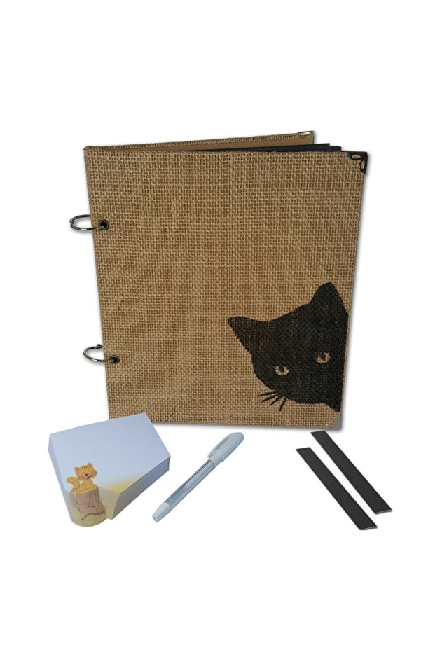Cat Themed Jute Fabric Cover Album Writable Memory Book 23 Cmx20 cm 20 Sheets 40 Pages
