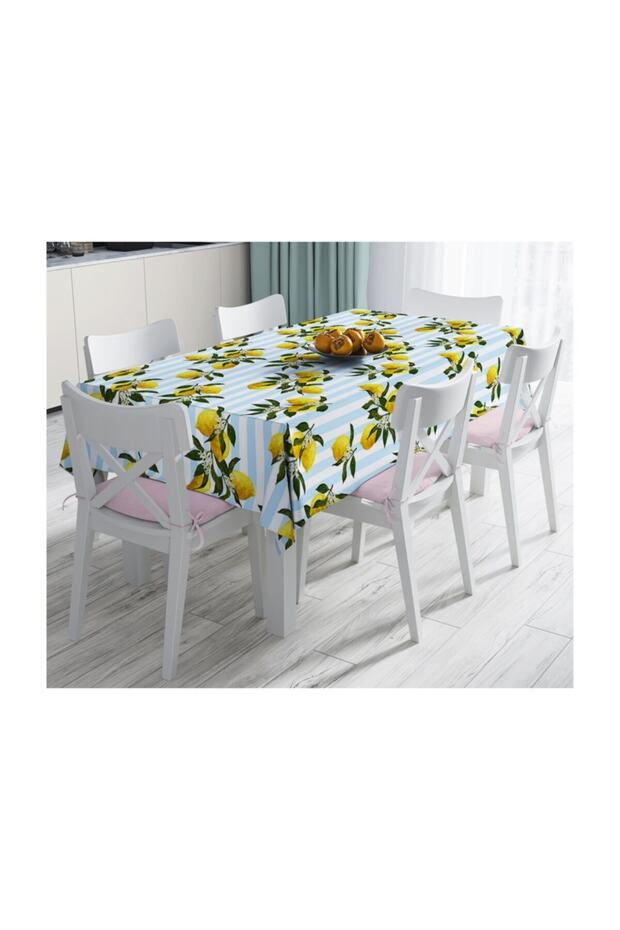 Blue Striped Lemon Patterned Digital Printed Decorative Stain Resistant Tablecloth - 140 X 180 cm