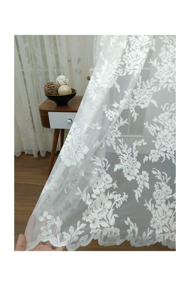 Gül Desenli Dantel Tül Perde, Normal Pile, 1/2.5 350x260 cm - 2