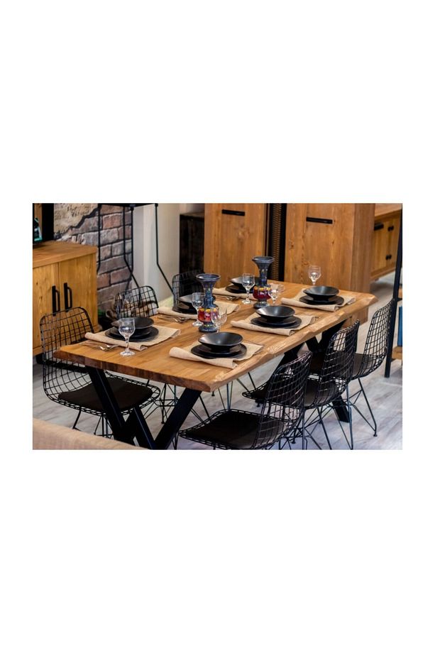 Ntconcept Masif Ağaç Yemek Masası Takımı- 85cm-185cm Masa+6 Adet Sandalye - 1