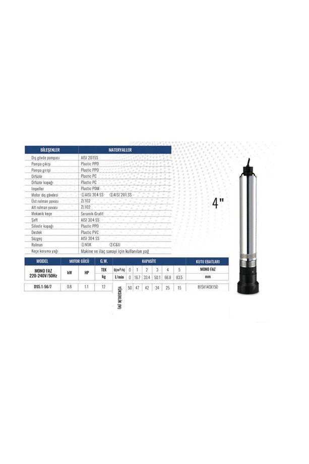 Derin Kuyu Dalgıç Pompa Seti Ds5.1-56/7 Kalem Dalgıç 1hp 0.75kw 4'' 50mt Dik Basar Panolu - 3