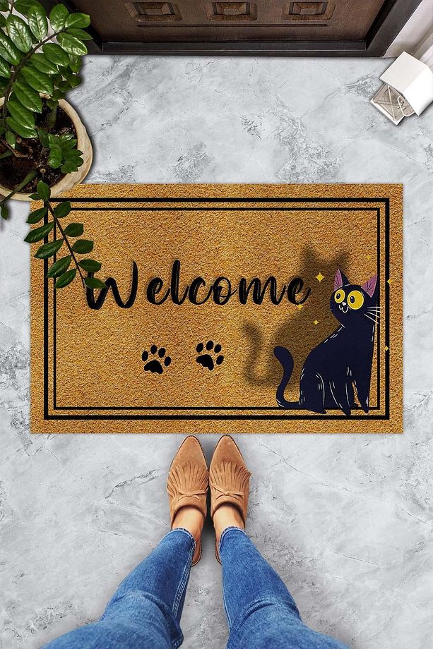 Mor Kedi Desenli Dekoratif Kapı Önü Paspası - 1