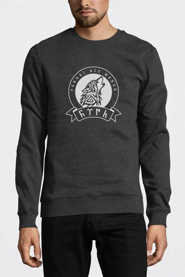Gokturk Tengri Biz Menen Printed Smoked Anthracite Men's Knitted Sweatshirt Long Sleeve