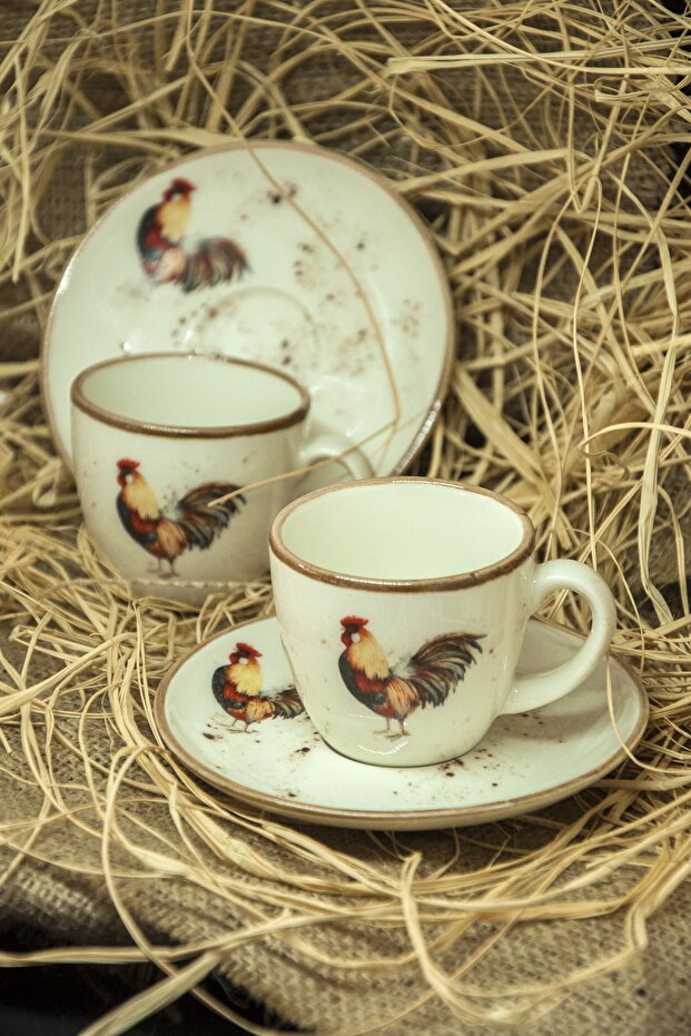 Retro Rooster Pattern Coffee Cup Set for Two