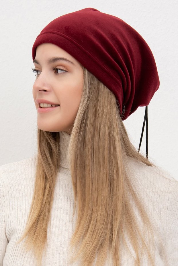 Women's Burgundy Fleece Beanie Fleece Neck Collar with Two Different Shapes